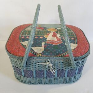 Vintage Azar Large Blue Rafia Sewing Basket With Adjustable Handles Picnic Style
